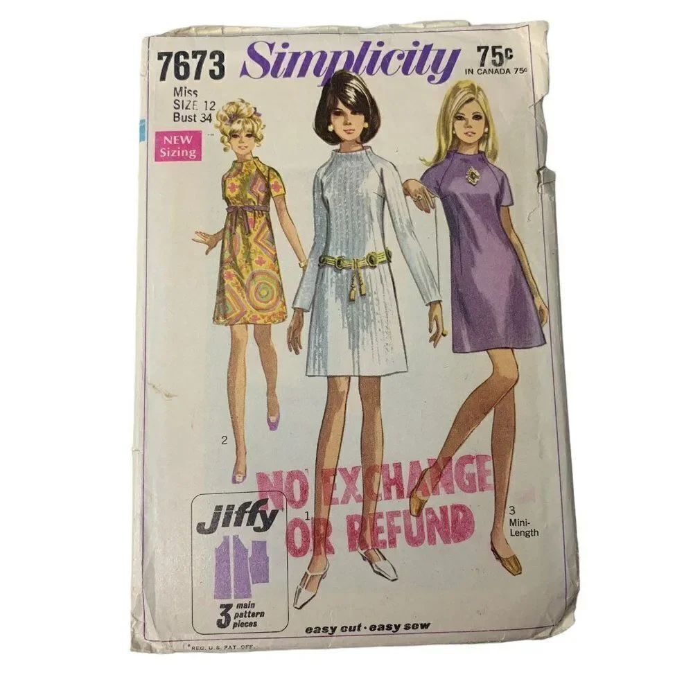 Vintage 60s Simplicity 7673 Pattern Misses 8-16 Jiffy Mod Dress 2 Lengths Cut